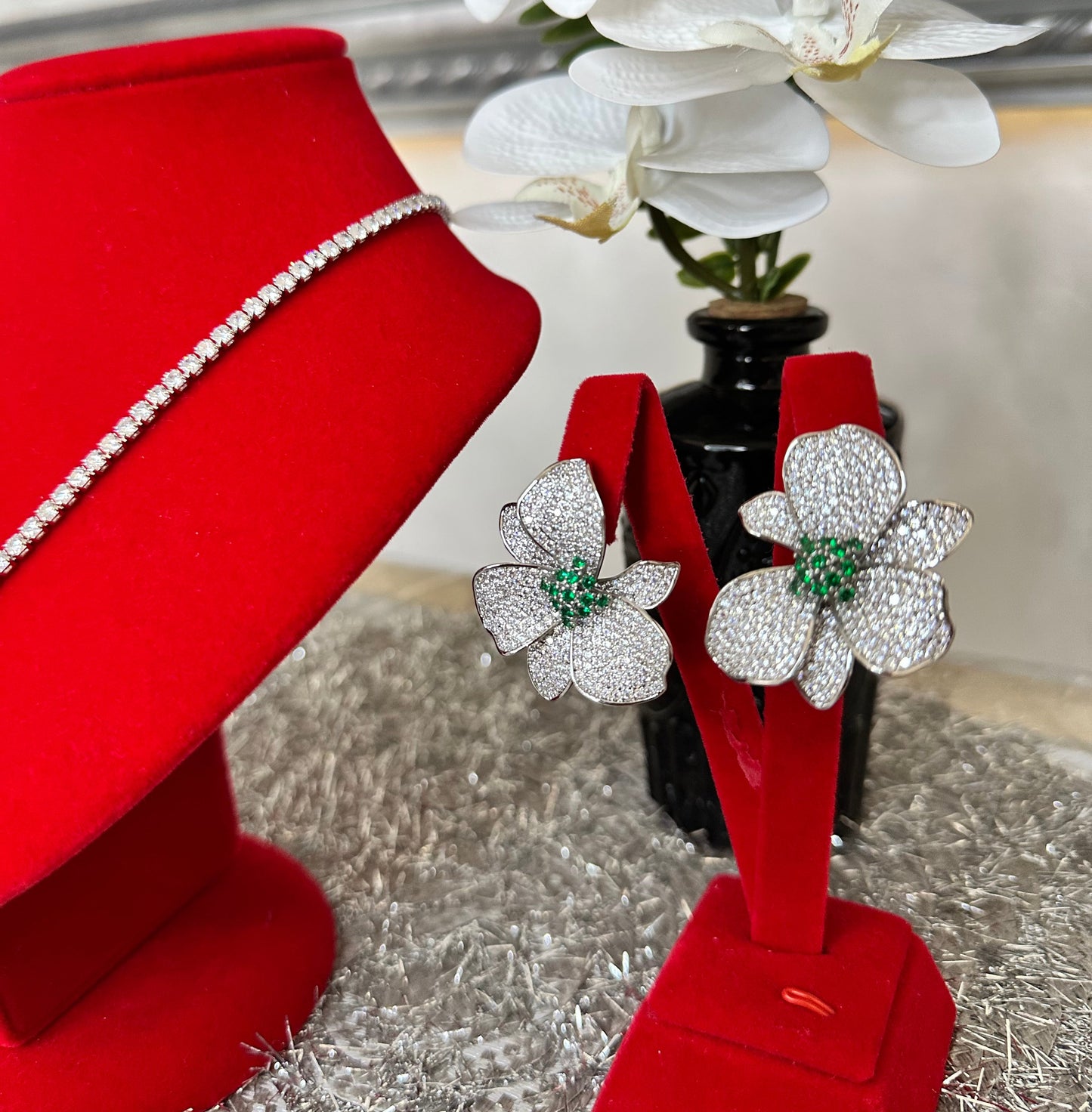Floral Tennis Necklace & Earring Set