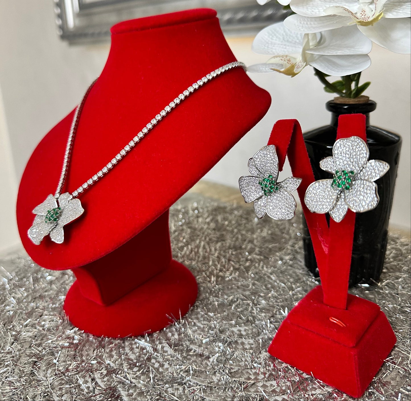 Floral Tennis Necklace & Earring Set