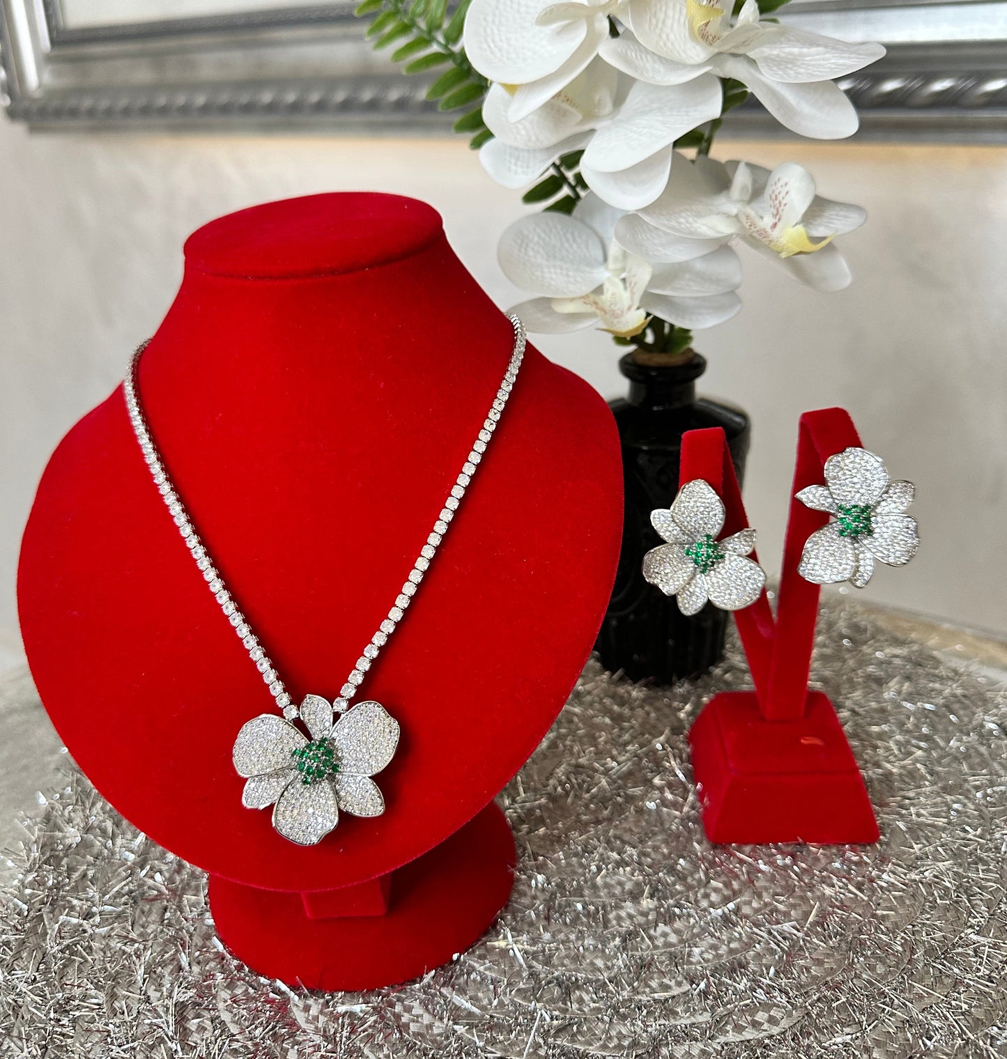 Floral Tennis Necklace & Earring Set