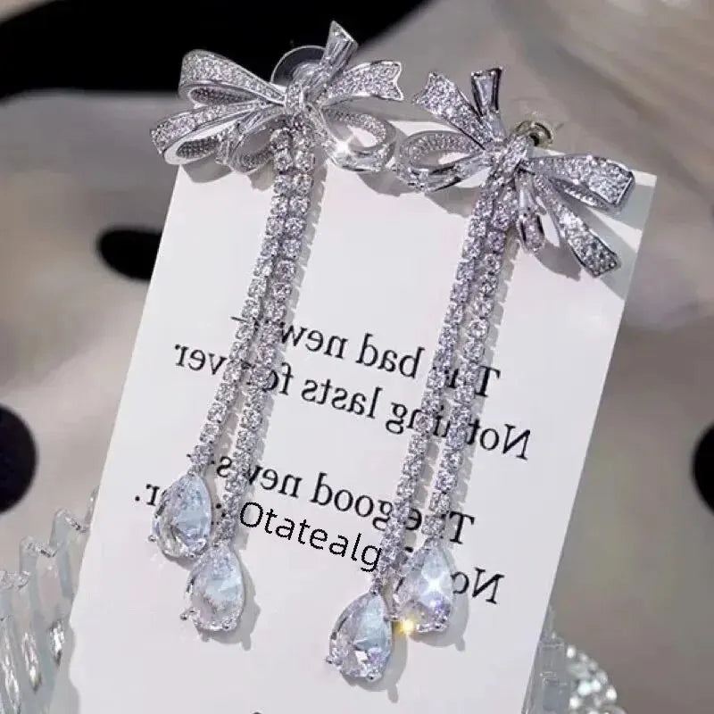 Bowknot Drop Earrings - White Gold
