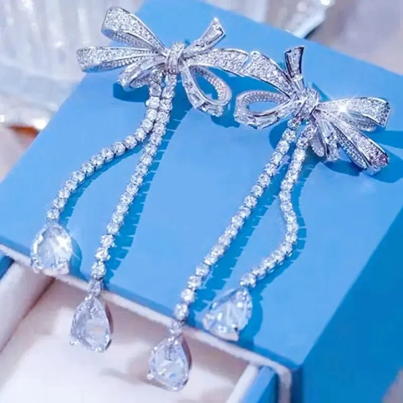 Bowknot Drop Earrings - White Gold