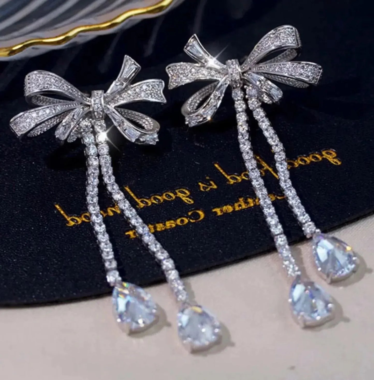 Bowknot Drop Earrings - White Gold