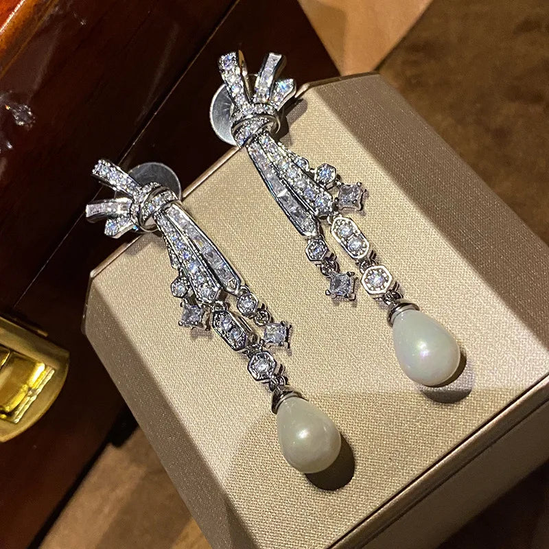 Iced Out Pearl Earrings - White Gold