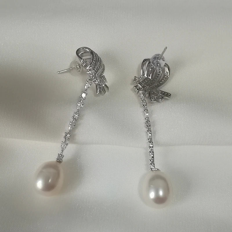S925 Fresh Water Pearl Wave Earrings - White Gold