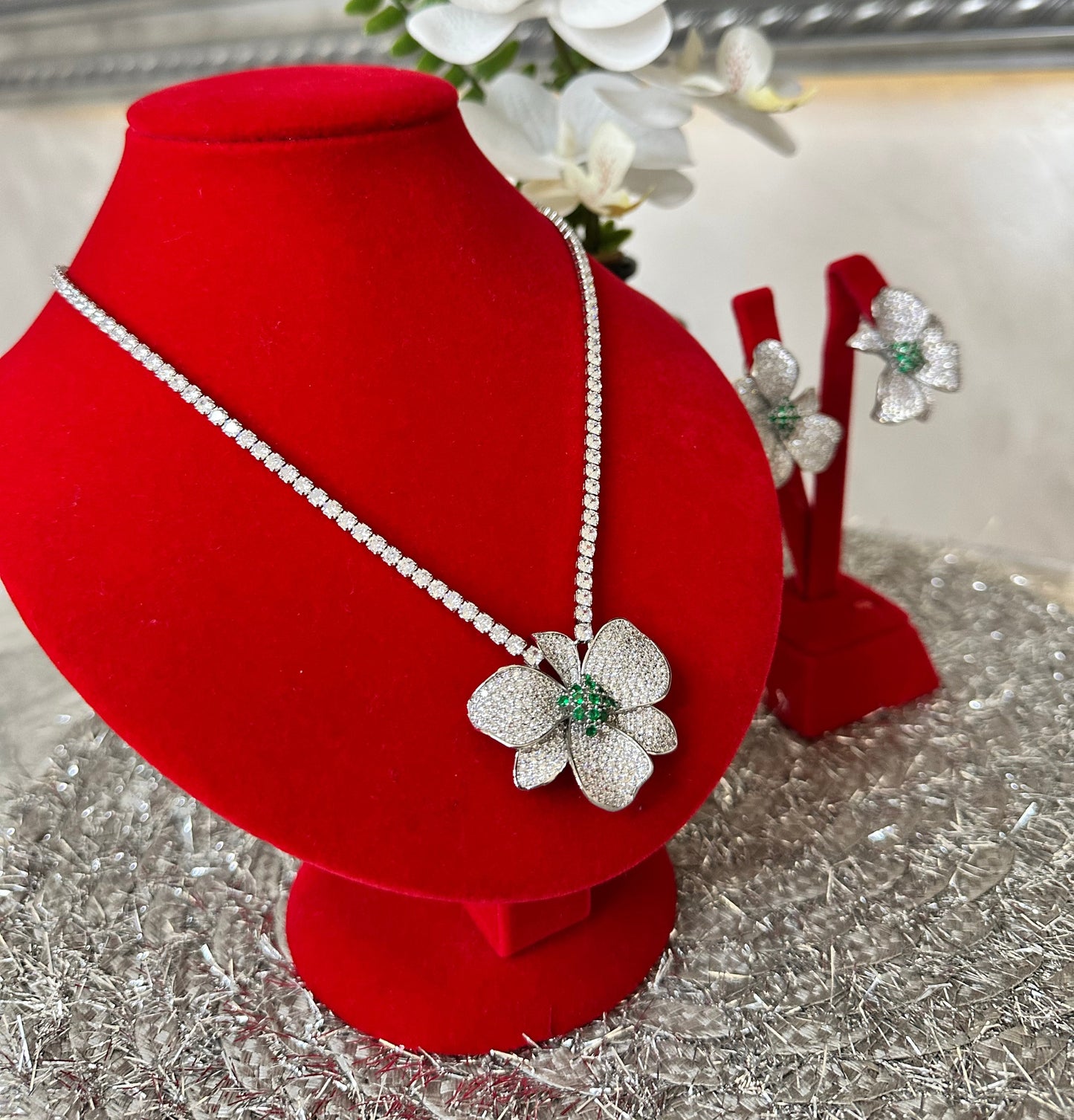 Floral Tennis Necklace & Earring Set