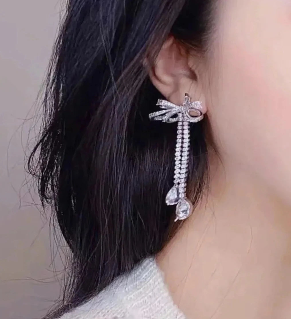 Bowknot Drop Earrings - White Gold