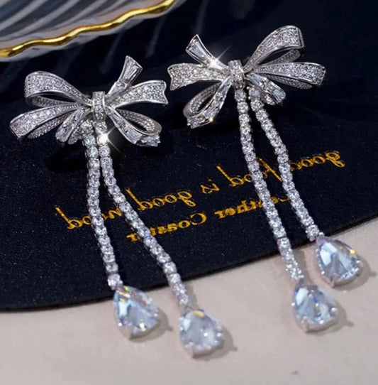 Bowknot Drop Earrings - White Gold